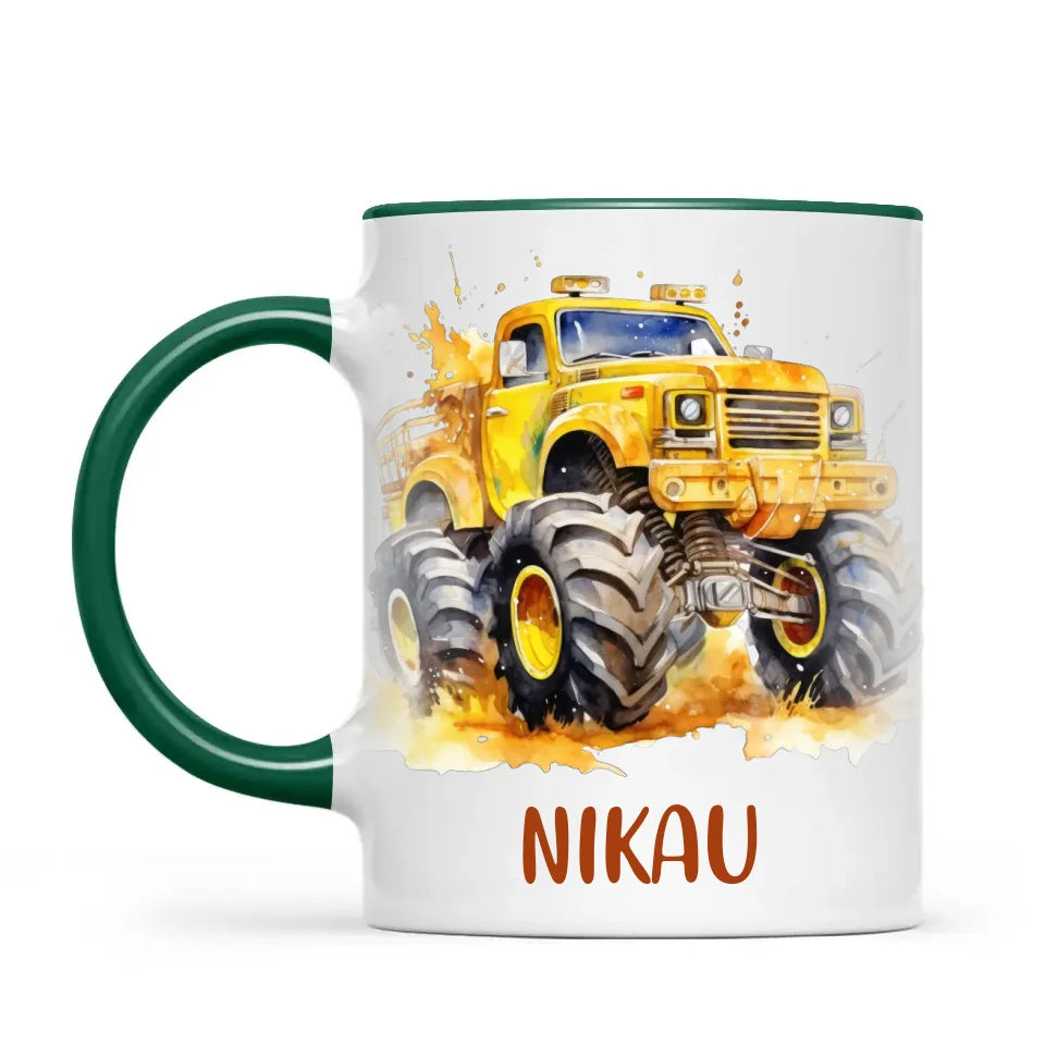 Personalised Yellow Monster Truck Cup - Custom Name Kids Mug - Big Wheel Adventure Design - 11oz, 6oz or Enamel - NZ Made