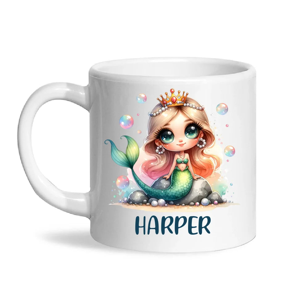 Personalised with Name, Mermaid Princess Kids Mug – Custom Ocean Fantasy Cup for Children – Available in 11oz, 6oz & Enamel