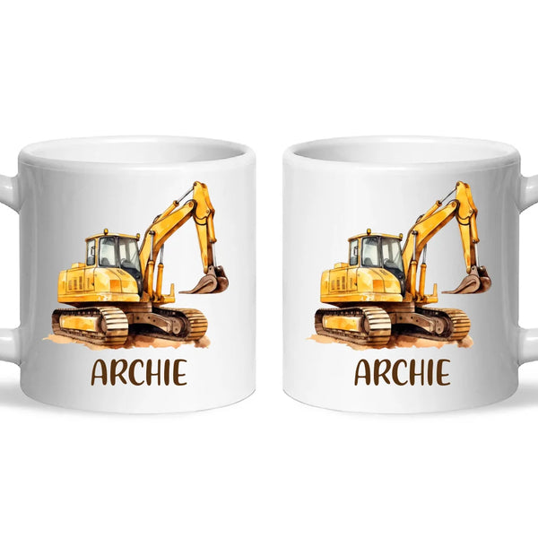 Personalised with Name, Digger Excavator Kids Mug – Custom Construction Vehicle Cup for Children – Available in 11oz, 6oz & Enamel