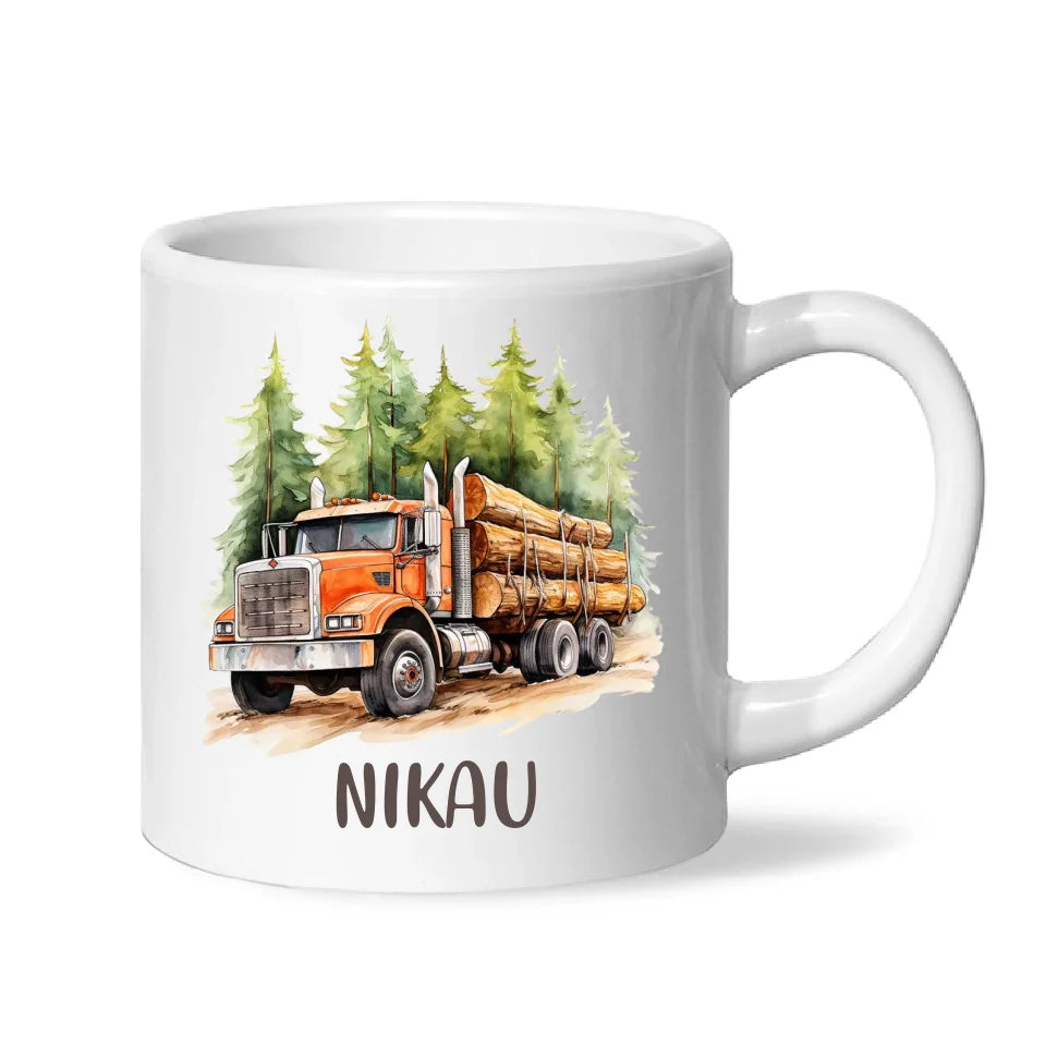 Personalised with Name, Orange Logging Truck Kids Mug – Custom Forest Truck Cup for Children – Available in 11oz, 6oz & Enamel