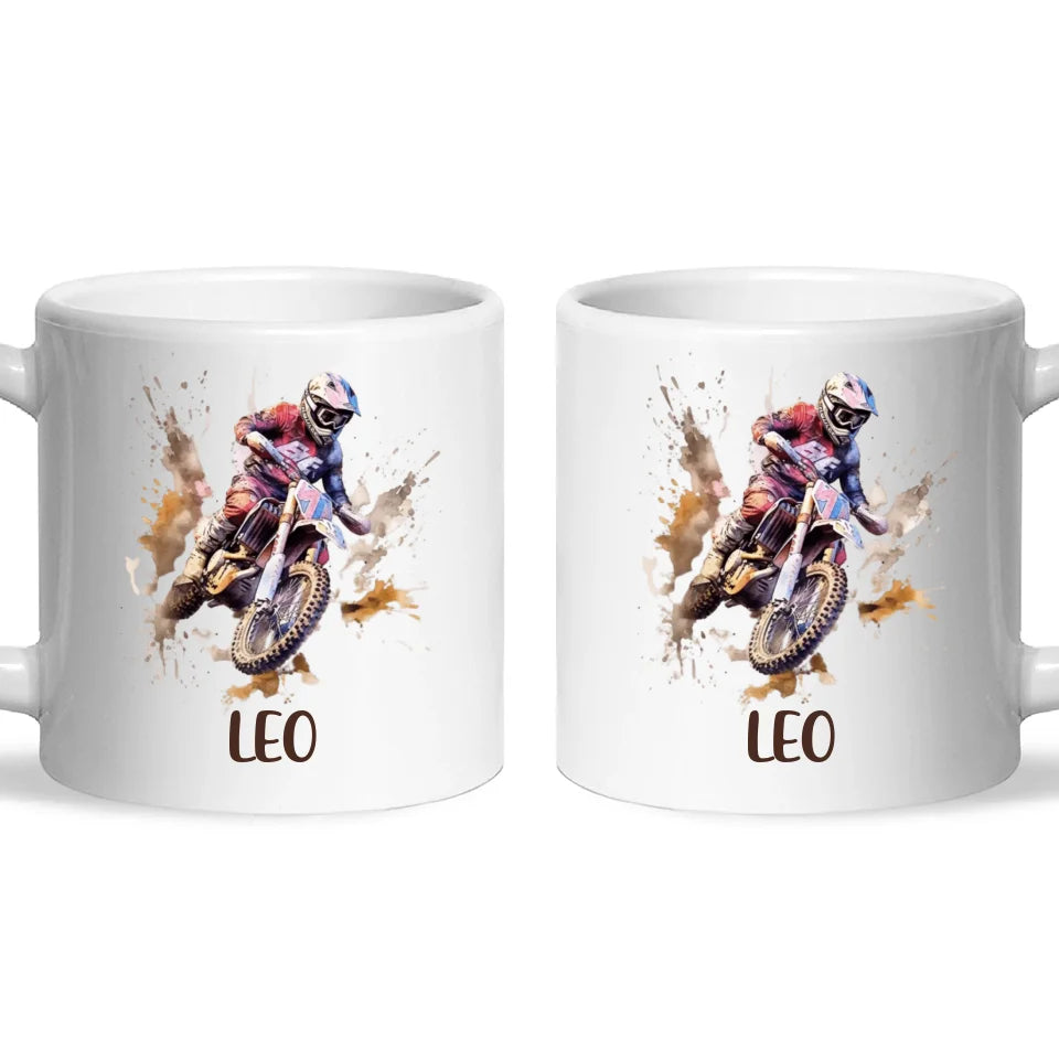 Personalised with Name, Motocross Rider Kids Mug – Customised Dirt Bike Racing Cup for Children – Available in 11oz, 6oz & Enamel Options