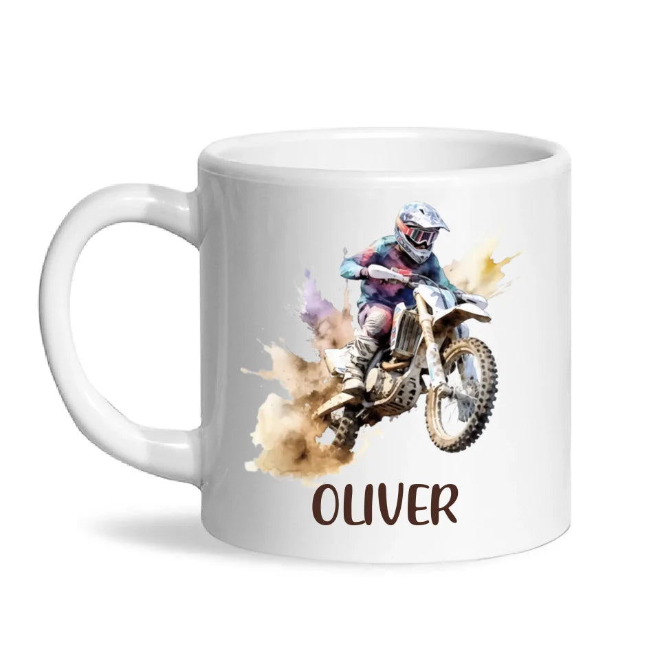 Personalised with Name, Motocross Dirt Bike Kids Mug – Customised Off-Road Motorbike Cup for Children – Available in 11oz, 6oz & Enamel Options