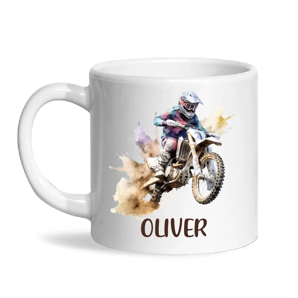 Personalised with Name, Motocross Dirt Bike Kids Mug – Customised Off-Road Motorbike Cup for Children – Available in 11oz, 6oz & Enamel Options