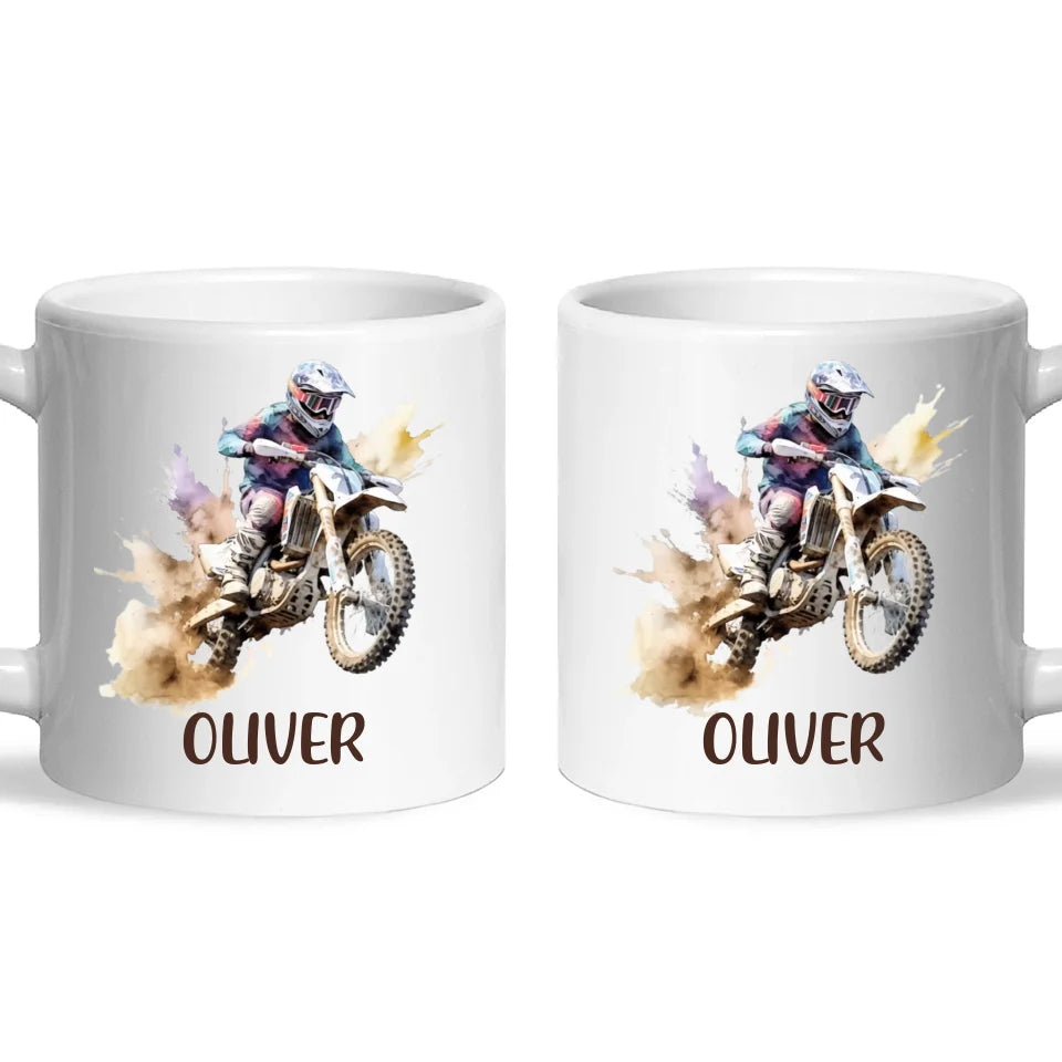 Personalised with Name, Motocross Dirt Bike Kids Mug – Customised Off-Road Motorbike Cup for Children – Available in 11oz, 6oz & Enamel Options