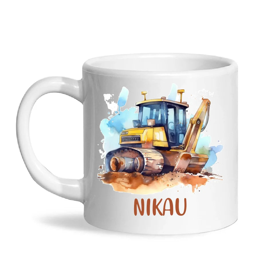 Personalised with Name, Bulldozer Kids Mug – Customised Construction-Themed Cup – Available in 11oz, 6oz & Enamel Options