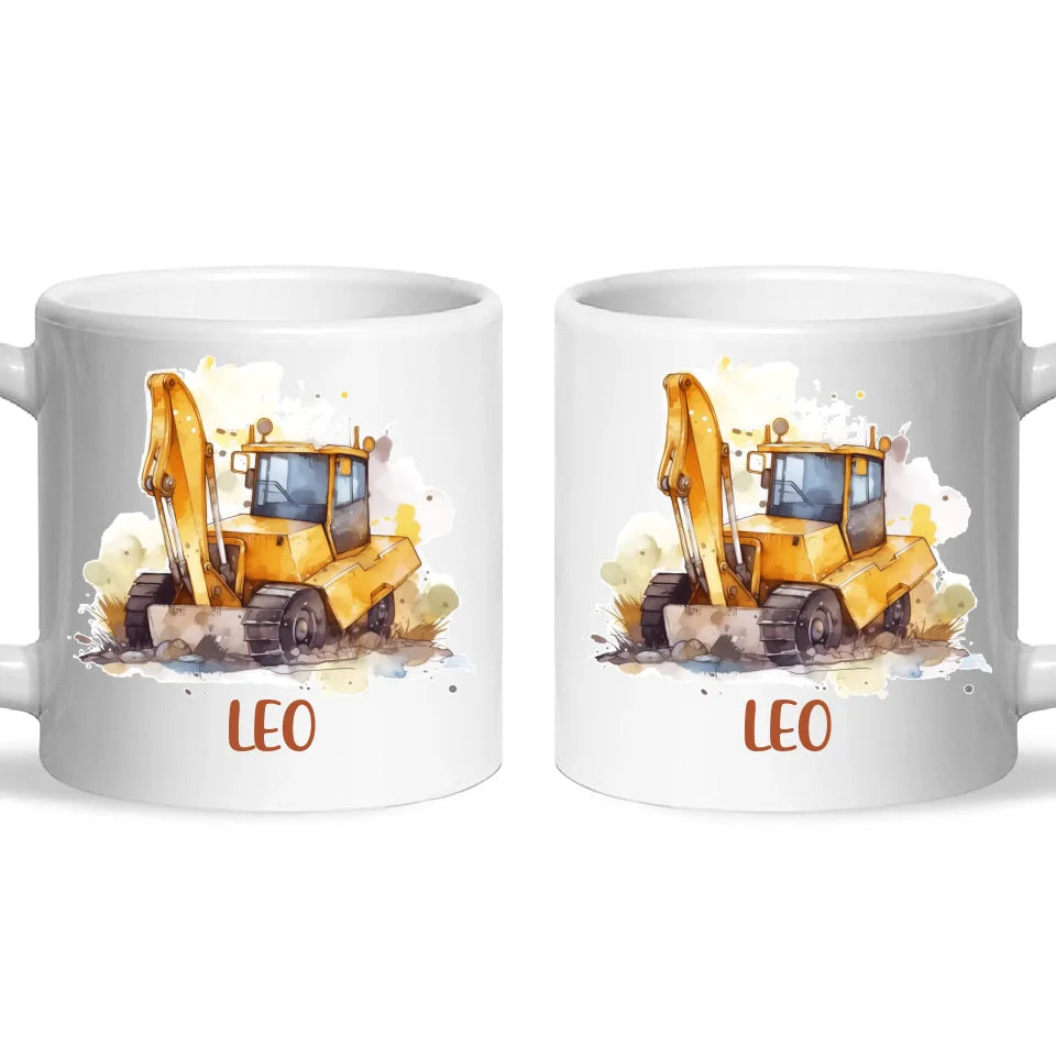 Personalised with Name, Digger Kids Mug – Customised Construction-Themed Cup – Available in 11oz, 6oz & Enamel Options