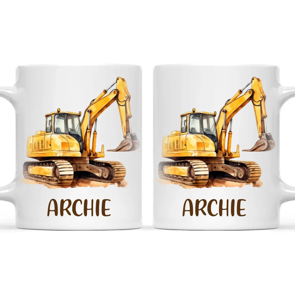 Personalised with Name, Digger Excavator Kids Mug – Custom Construction Vehicle Cup for Children – Available in 11oz, 6oz & Enamel