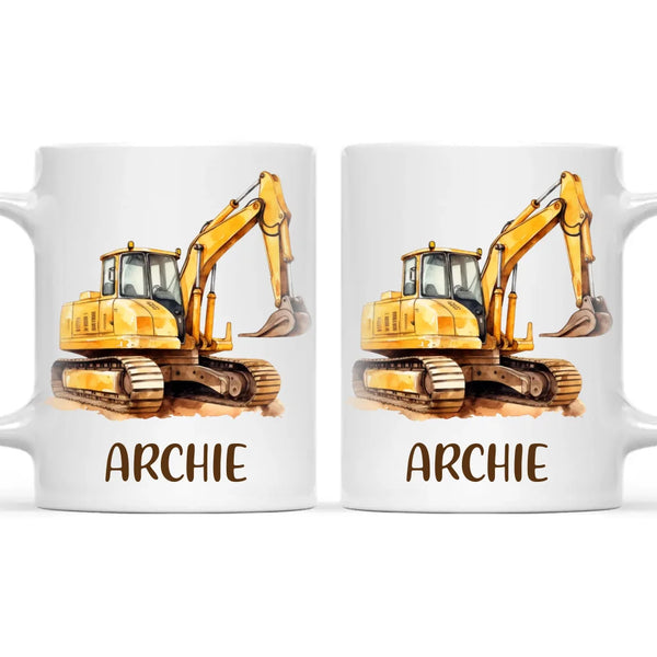 Personalised with Name, Digger Excavator Kids Mug – Custom Construction Vehicle Cup for Children – Available in 11oz, 6oz & Enamel