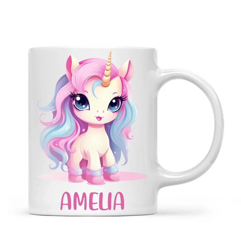 Personalised with Name, Pastel Unicorn Kids Mug – Custom Unicorn Cup for Children – Available in 11oz, 6oz & Enamel
