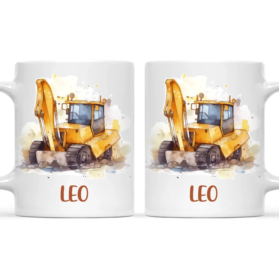 Personalised with Name, Digger Kids Mug – Customised Construction-Themed Cup – Available in 11oz, 6oz & Enamel Options