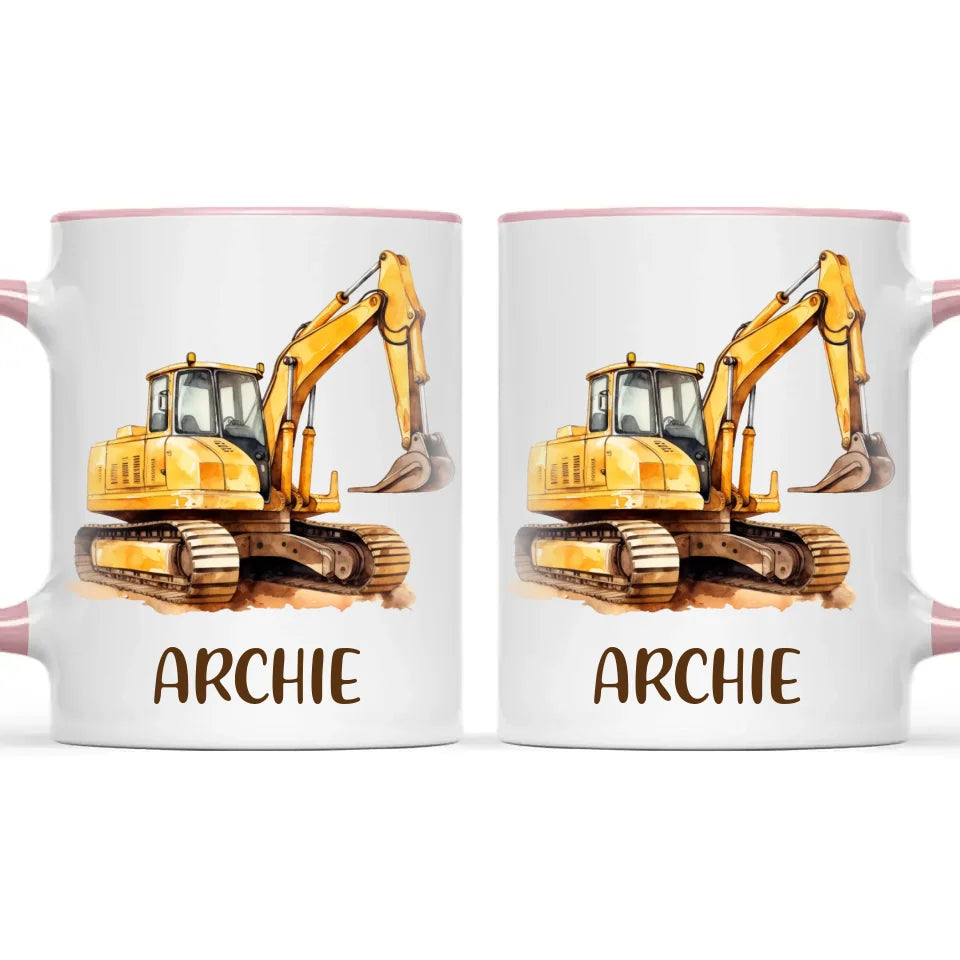Personalised with Name, Digger Excavator Kids Mug – Custom Construction Vehicle Cup for Children – Available in 11oz, 6oz & Enamel