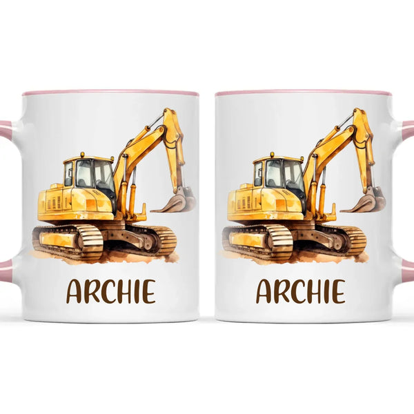 Personalised with Name, Digger Excavator Kids Mug – Custom Construction Vehicle Cup for Children – Available in 11oz, 6oz & Enamel