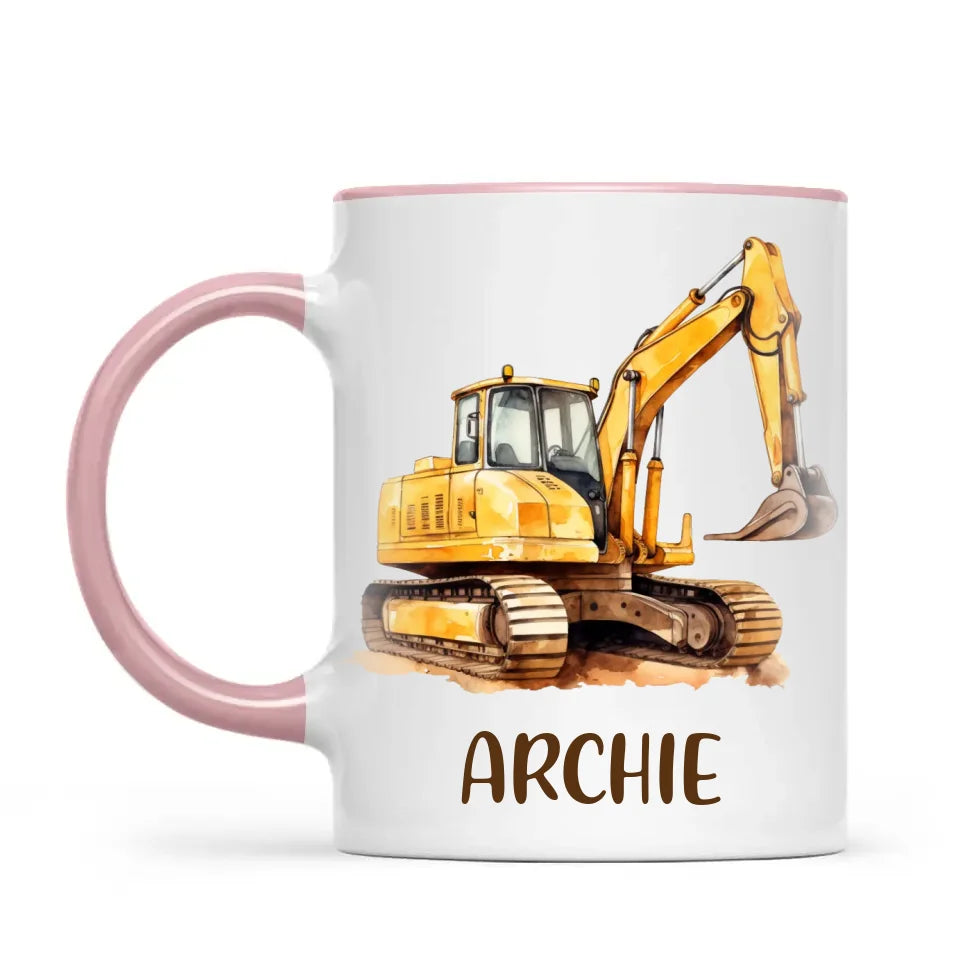 Personalised with Name, Digger Excavator Kids Mug – Custom Construction Vehicle Cup for Children – Available in 11oz, 6oz & Enamel