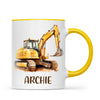 Personalised with Name, Digger Excavator Kids Mug – Custom Construction Vehicle Cup for Children – Available in 11oz, 6oz & Enamel