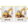 Personalised with Name, Digger Excavator Kids Mug – Custom Construction Vehicle Cup for Children – Available in 11oz, 6oz & Enamel