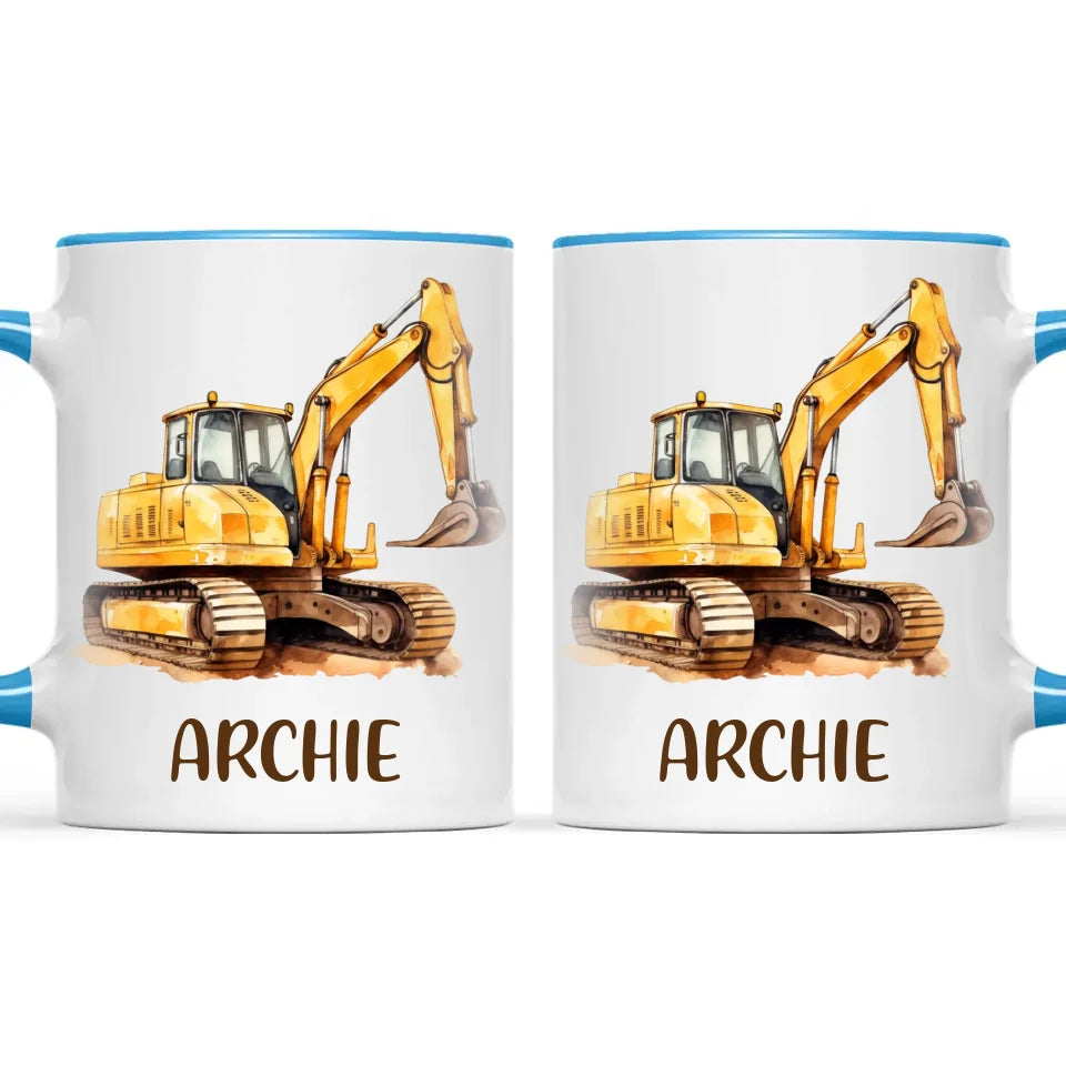 Personalised with Name, Digger Excavator Kids Mug – Custom Construction Vehicle Cup for Children – Available in 11oz, 6oz & Enamel