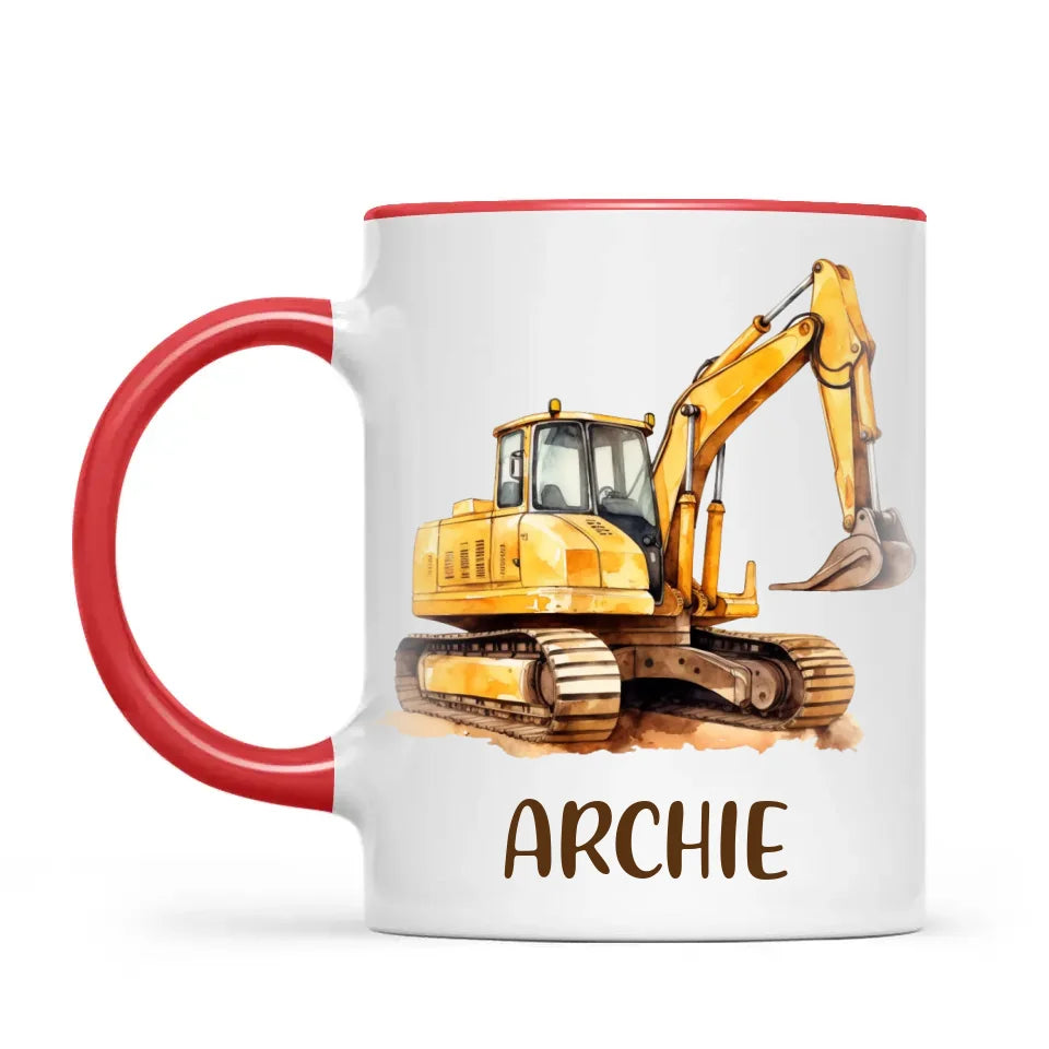 Personalised with Name, Digger Excavator Kids Mug – Custom Construction Vehicle Cup for Children – Available in 11oz, 6oz & Enamel