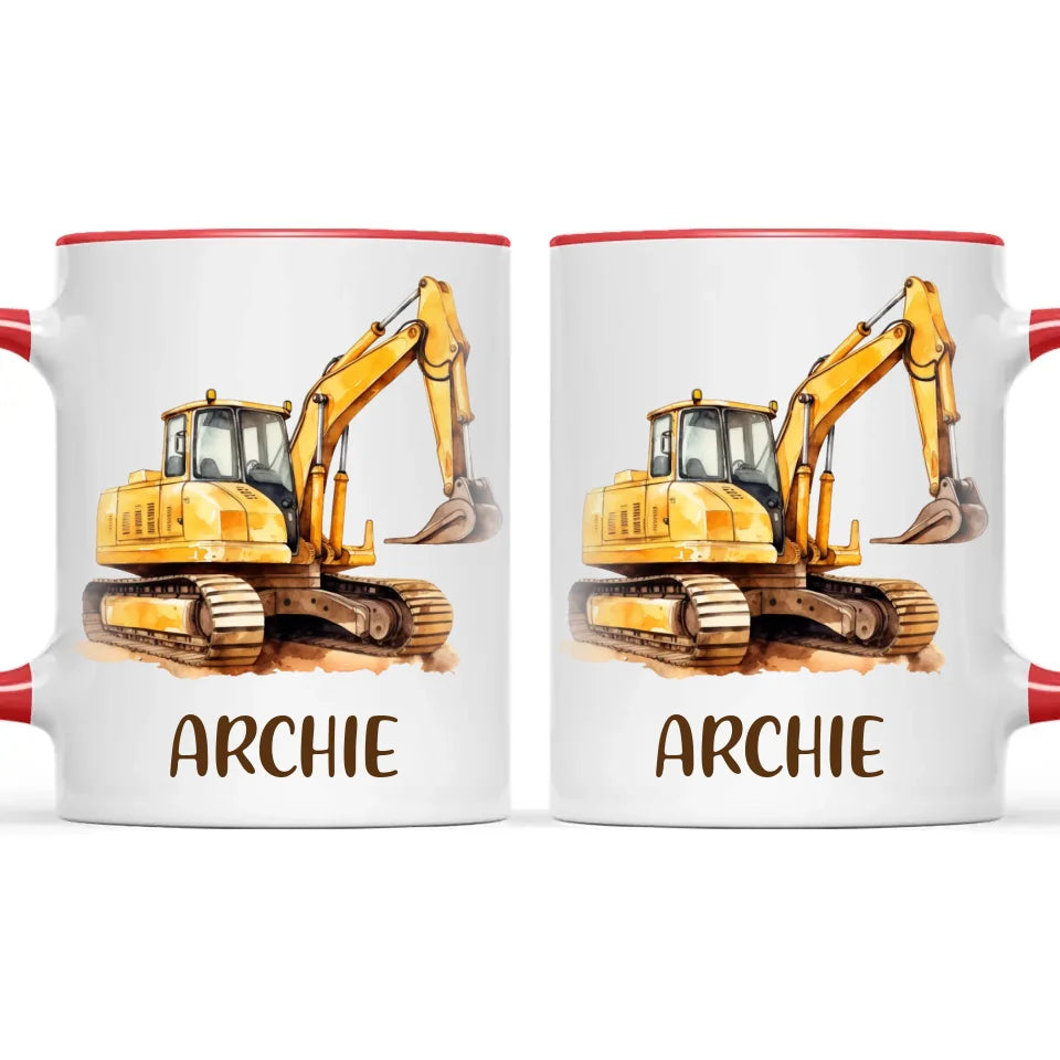 Personalised with Name, Digger Excavator Kids Mug – Custom Construction Vehicle Cup for Children – Available in 11oz, 6oz & Enamel