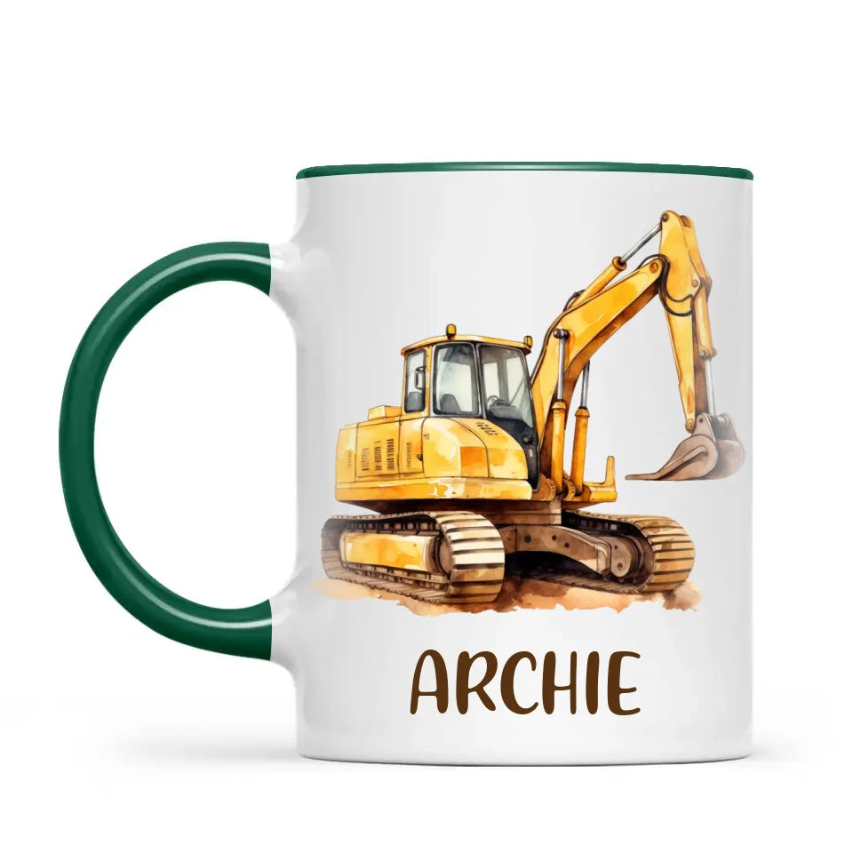 Personalised with Name, Digger Excavator Kids Mug – Custom Construction Vehicle Cup for Children – Available in 11oz, 6oz & Enamel