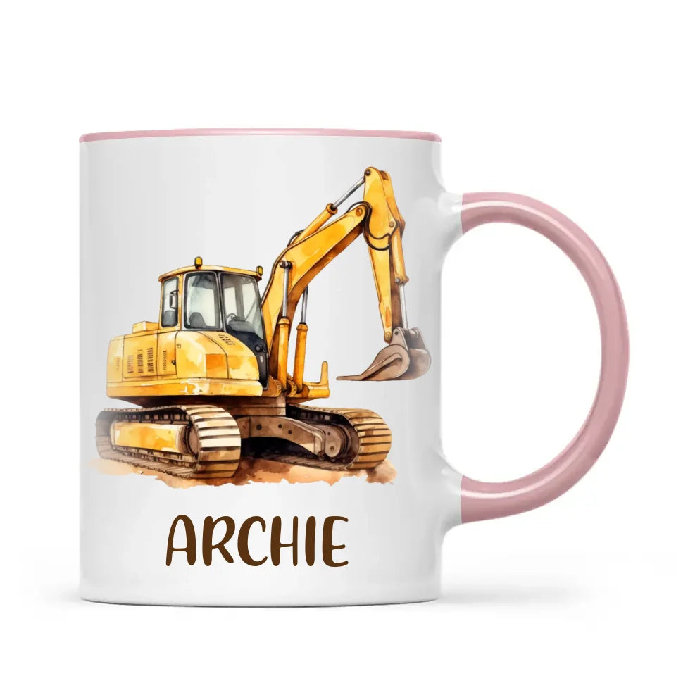 Personalised with Name, Digger Excavator Kids Mug – Custom Construction Vehicle Cup for Children – Available in 11oz, 6oz & Enamel