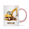 Personalised with Name, Digger Excavator Kids Mug – Custom Construction Vehicle Cup for Children – Available in 11oz, 6oz & Enamel