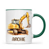 Personalised with Name, Digger Excavator Kids Mug – Custom Construction Vehicle Cup for Children – Available in 11oz, 6oz & Enamel