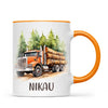 Personalised with Name, Orange Logging Truck Kids Mug – Custom Forest Truck Cup for Children – Available in 11oz, 6oz & Enamel