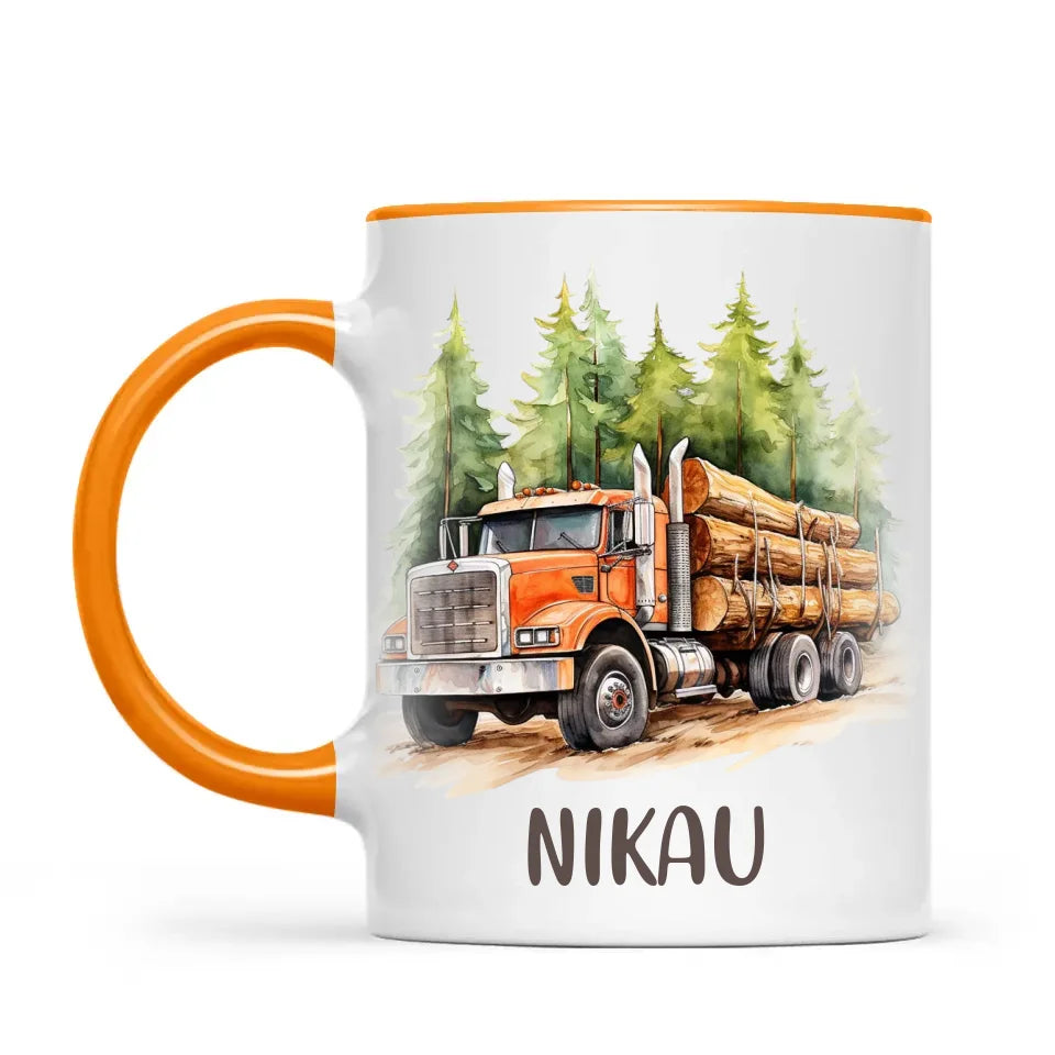 Personalised with Name, Orange Logging Truck Kids Mug – Custom Forest Truck Cup for Children – Available in 11oz, 6oz & Enamel