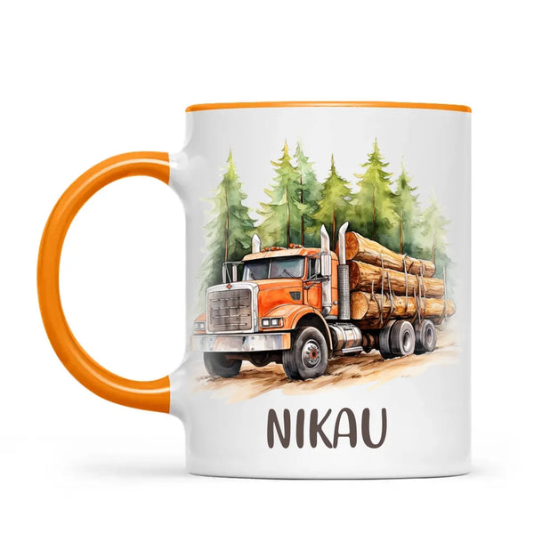 Personalised with Name, Orange Logging Truck Kids Mug – Custom Forest Truck Cup for Children – Available in 11oz, 6oz & Enamel