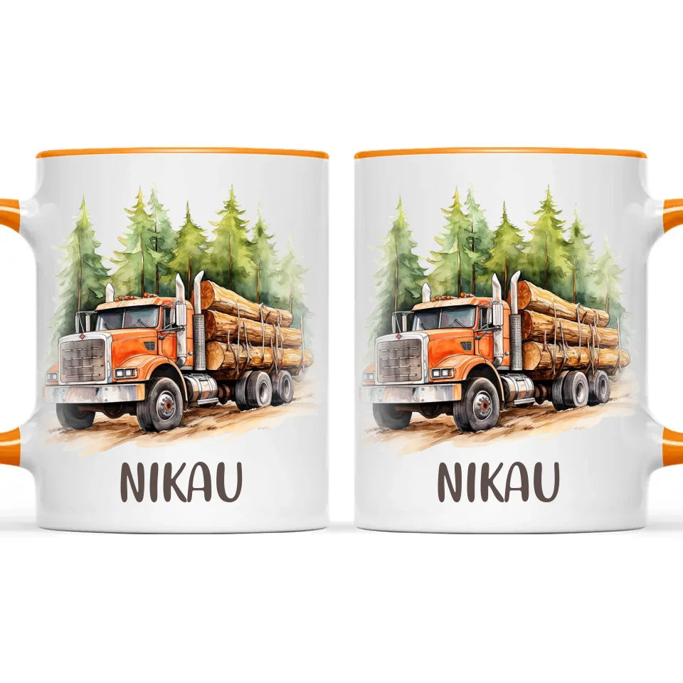 Personalised with Name, Orange Logging Truck Kids Mug – Custom Forest Truck Cup for Children – Available in 11oz, 6oz & Enamel