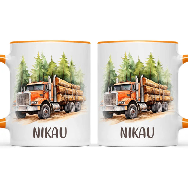 Personalised with Name, Orange Logging Truck Kids Mug – Custom Forest Truck Cup for Children – Available in 11oz, 6oz & Enamel