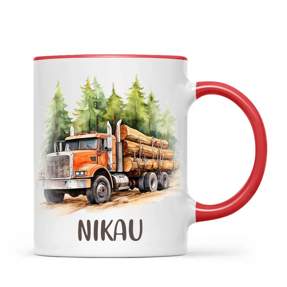 Personalised with Name, Orange Logging Truck Kids Mug – Custom Forest Truck Cup for Children – Available in 11oz, 6oz & Enamel