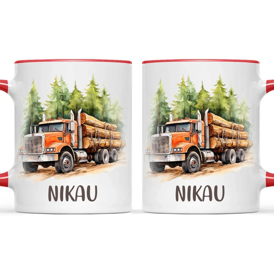 Personalised with Name, Orange Logging Truck Kids Mug – Custom Forest Truck Cup for Children – Available in 11oz, 6oz & Enamel