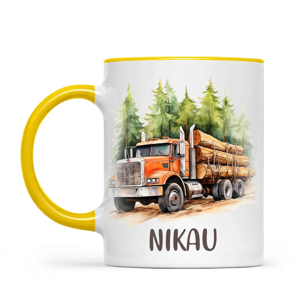 Personalised with Name, Orange Logging Truck Kids Mug – Custom Forest Truck Cup for Children – Available in 11oz, 6oz & Enamel
