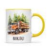 Personalised with Name, Orange Logging Truck Kids Mug – Custom Forest Truck Cup for Children – Available in 11oz, 6oz & Enamel