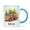 Personalised with Name, Orange Logging Truck Kids Mug – Custom Forest Truck Cup for Children – Available in 11oz, 6oz & Enamel