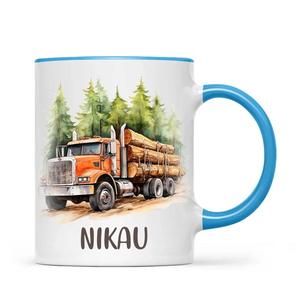 Personalised with Name, Orange Logging Truck Kids Mug – Custom Forest Truck Cup for Children – Available in 11oz, 6oz & Enamel