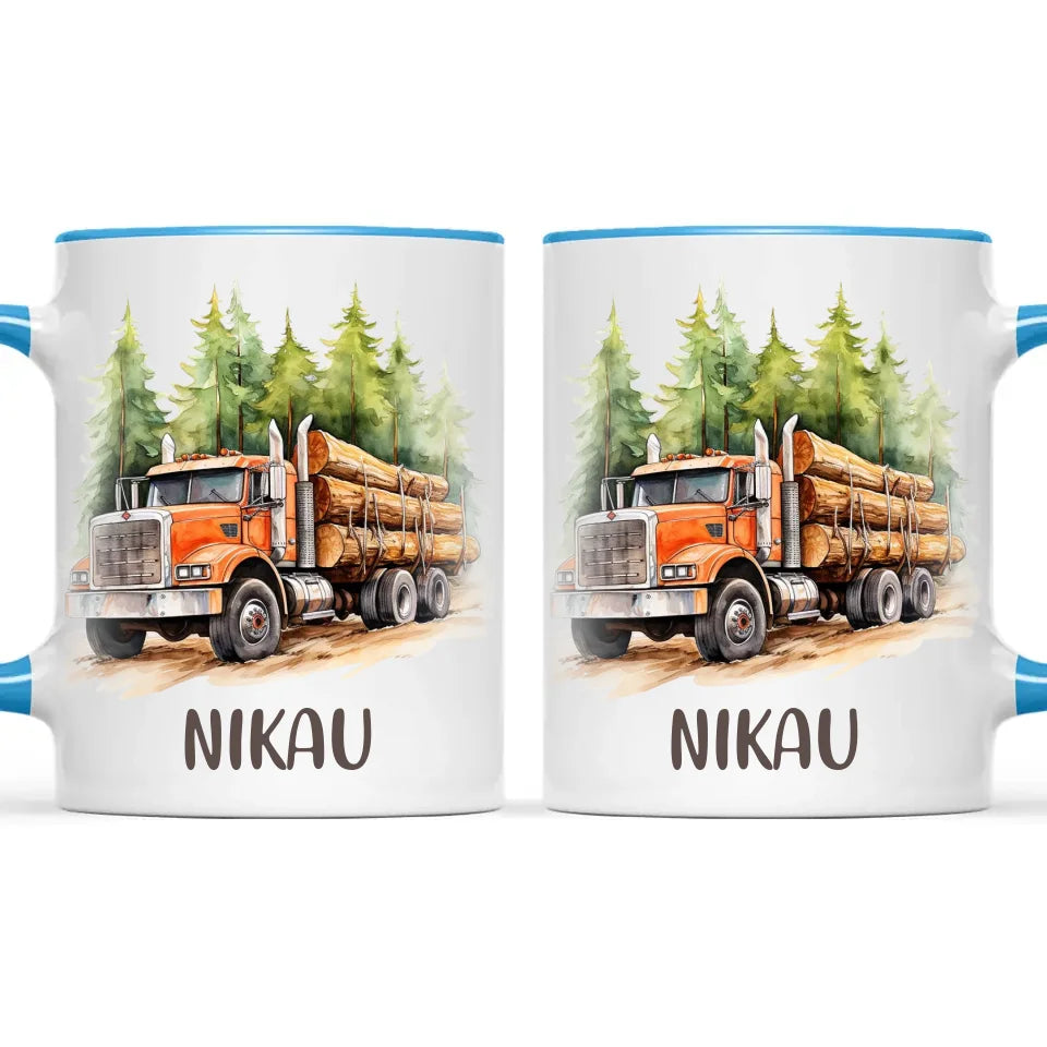 Personalised with Name, Orange Logging Truck Kids Mug – Custom Forest Truck Cup for Children – Available in 11oz, 6oz & Enamel
