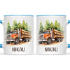 Personalised with Name, Orange Logging Truck Kids Mug – Custom Forest Truck Cup for Children – Available in 11oz, 6oz & Enamel