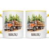 Personalised with Name, Orange Logging Truck Kids Mug – Custom Forest Truck Cup for Children – Available in 11oz, 6oz & Enamel