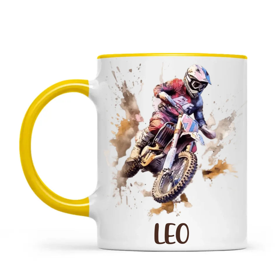 Personalised with Name, Motocross Rider Kids Mug – Customised Dirt Bike Racing Cup for Children – Available in 11oz, 6oz & Enamel Options