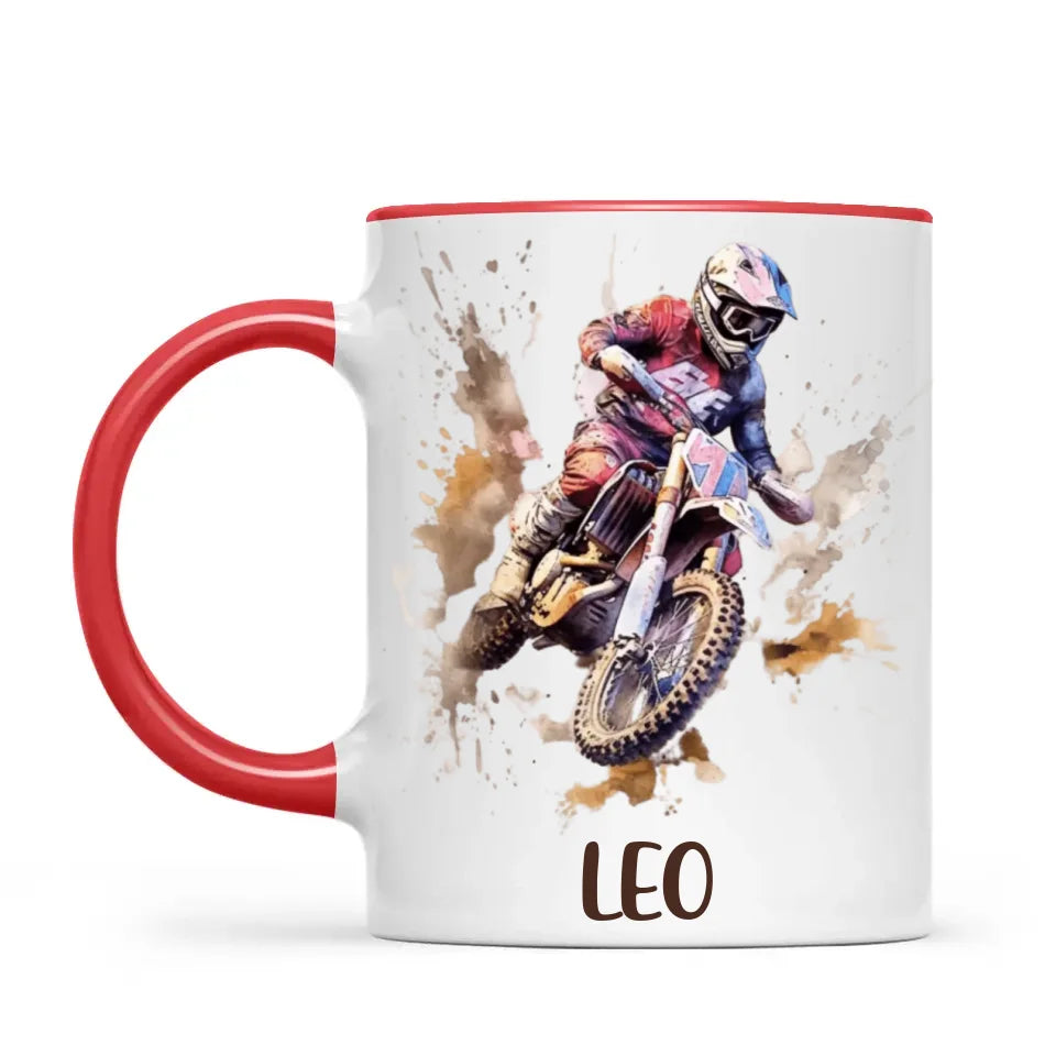 Personalised with Name, Motocross Rider Kids Mug – Customised Dirt Bike Racing Cup for Children – Available in 11oz, 6oz & Enamel Options