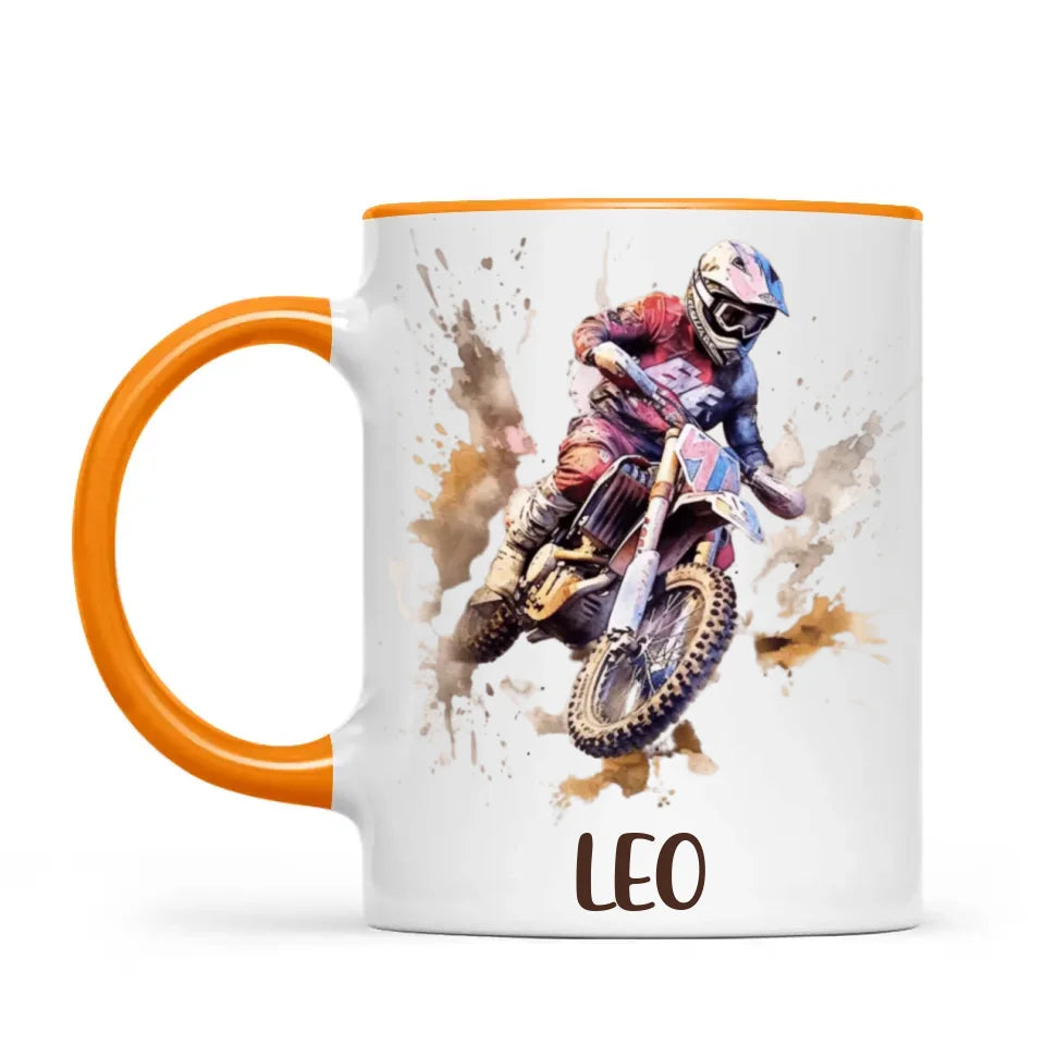 Personalised with Name, Motocross Rider Kids Mug – Customised Dirt Bike Racing Cup for Children – Available in 11oz, 6oz & Enamel Options