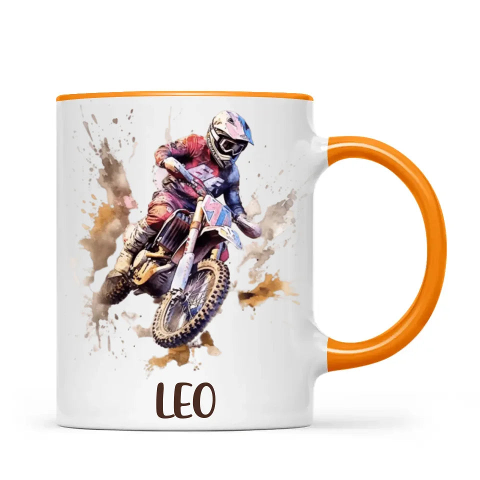 Personalised with Name, Motocross Rider Kids Mug – Customised Dirt Bike Racing Cup for Children – Available in 11oz, 6oz & Enamel Options
