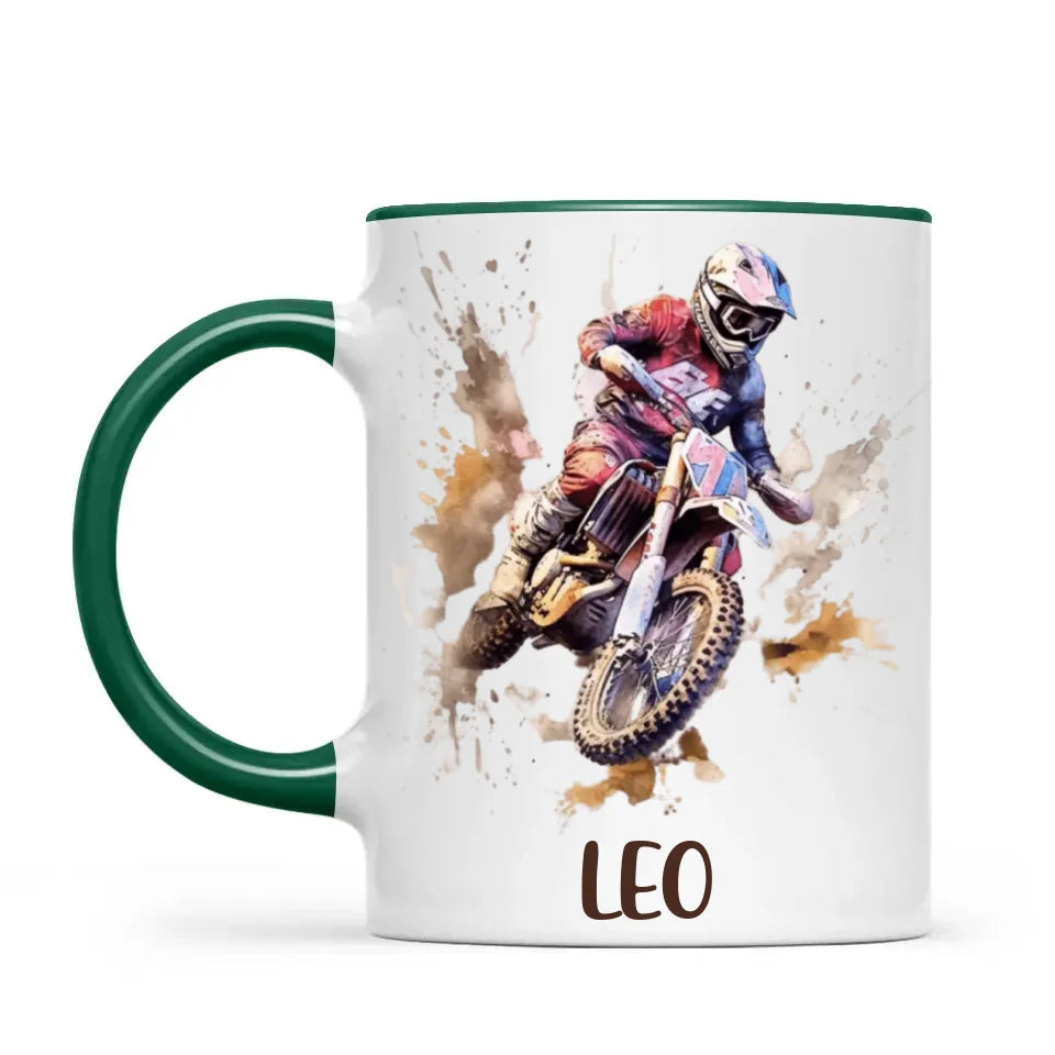Personalised with Name, Motocross Rider Kids Mug – Customised Dirt Bike Racing Cup for Children – Available in 11oz, 6oz & Enamel Options