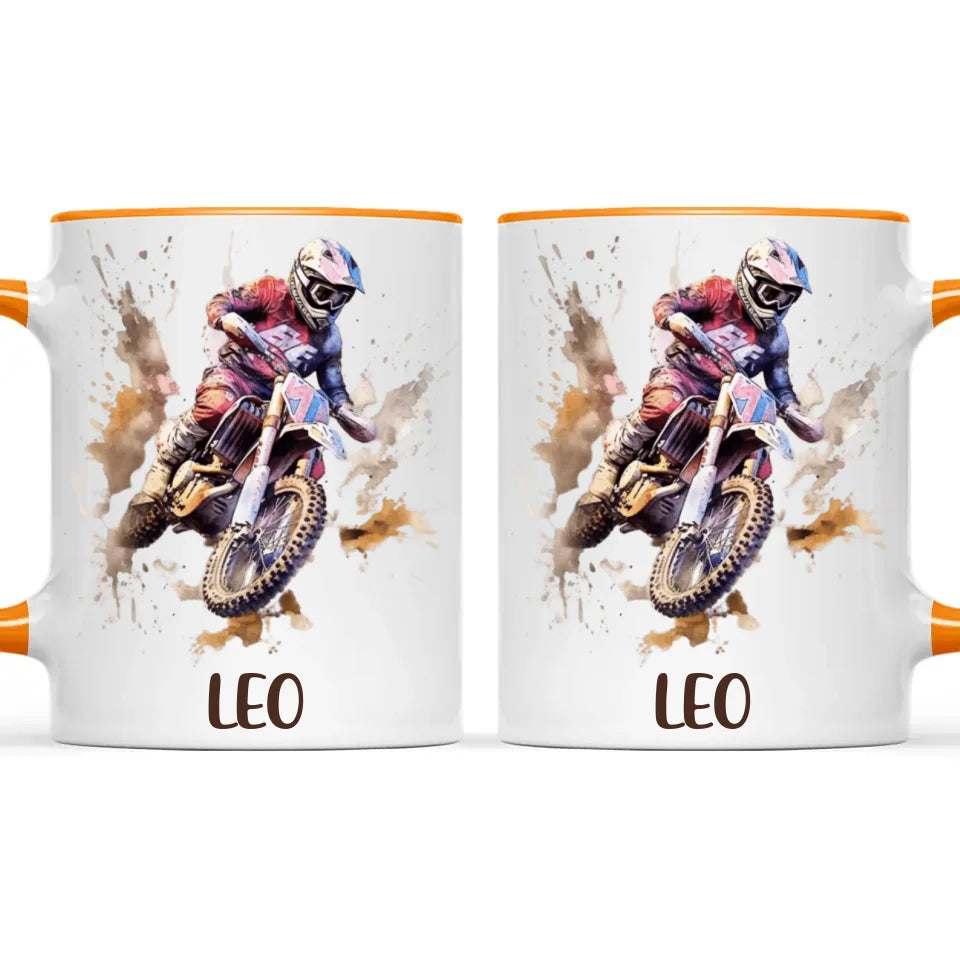 Personalised with Name, Motocross Rider Kids Mug – Customised Dirt Bike Racing Cup for Children – Available in 11oz, 6oz & Enamel Options