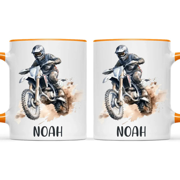 Personalised with Name, Motocross Rider Kids Mug – Customised Dirt Bike Racing Cup for Children – Available in 11oz, 6oz & Enamel Options
