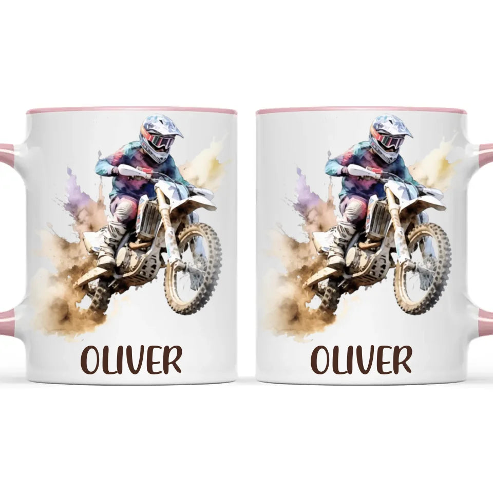 Personalised with Name, Motocross Dirt Bike Kids Mug – Customised Off-Road Motorbike Cup for Children – Available in 11oz, 6oz & Enamel Options