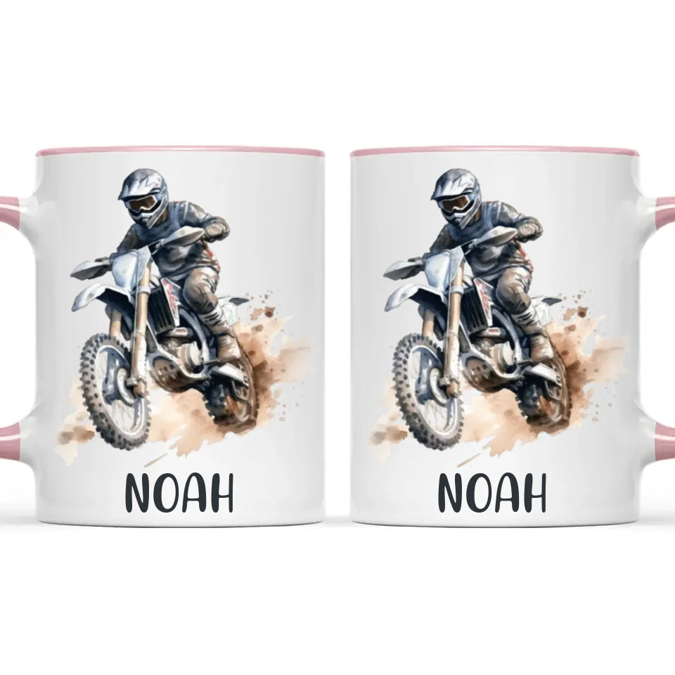 Personalised with Name, Motocross Rider Kids Mug – Customised Dirt Bike Racing Cup for Children – Available in 11oz, 6oz & Enamel Options