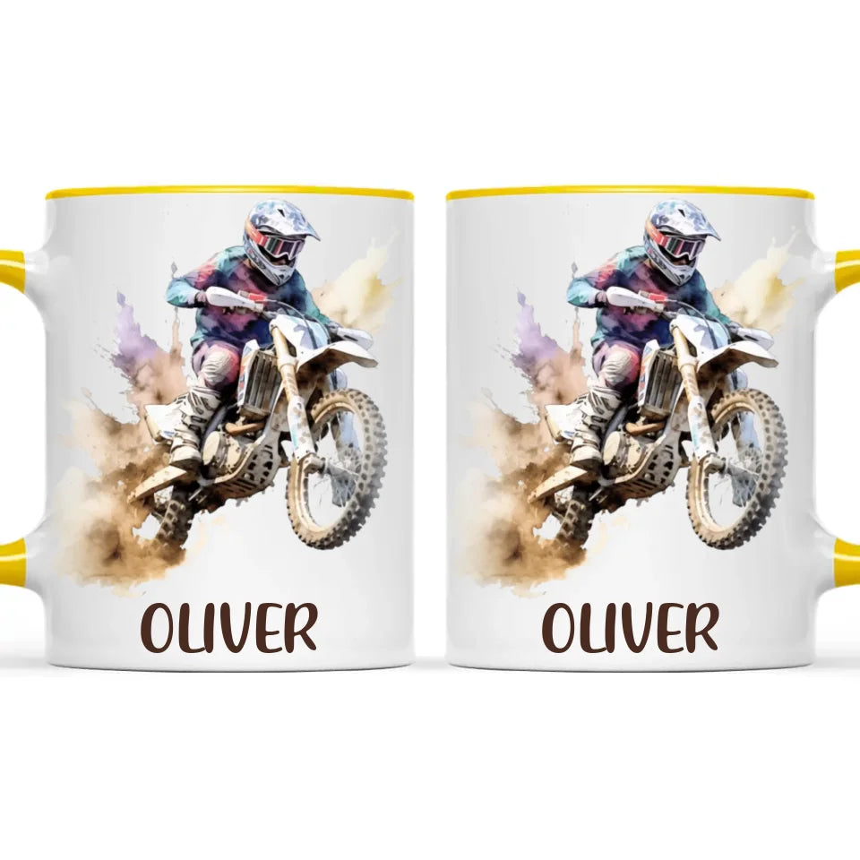Personalised with Name, Motocross Dirt Bike Kids Mug – Customised Off-Road Motorbike Cup for Children – Available in 11oz, 6oz & Enamel Options